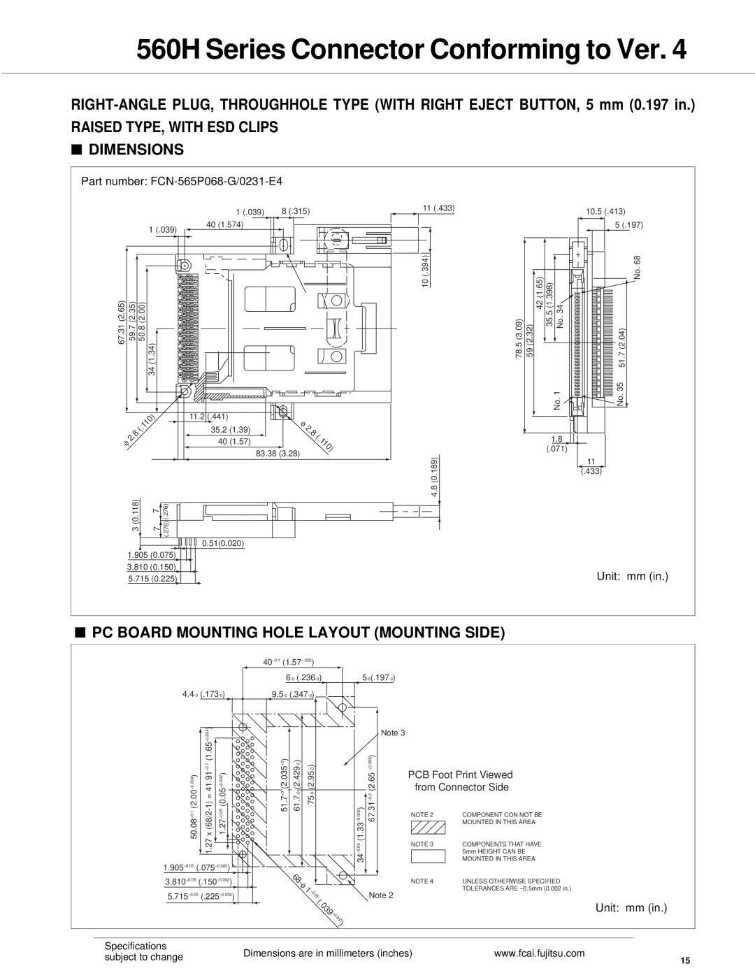 Fujitsu 560H dimensions Part number FCN-565P068-G/0231-E4, 039± 