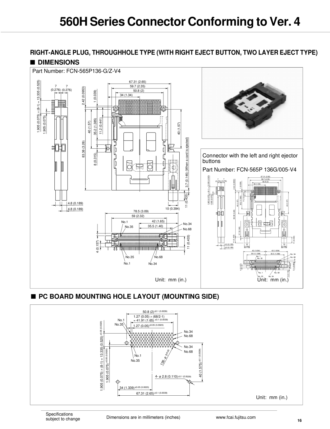 Fujitsu 560H dimensions Part Number FCN-565P136-G/Z-V4 