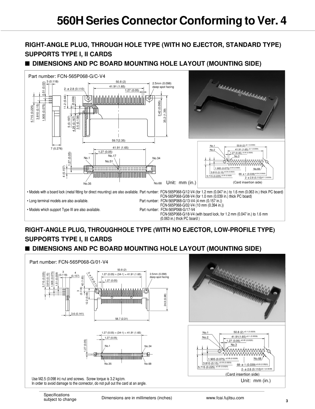 Fujitsu 560H dimensions Part number FCN-565P068-G/C-V4, Unit mm, Part number FCN-565P068-G/01-V4 