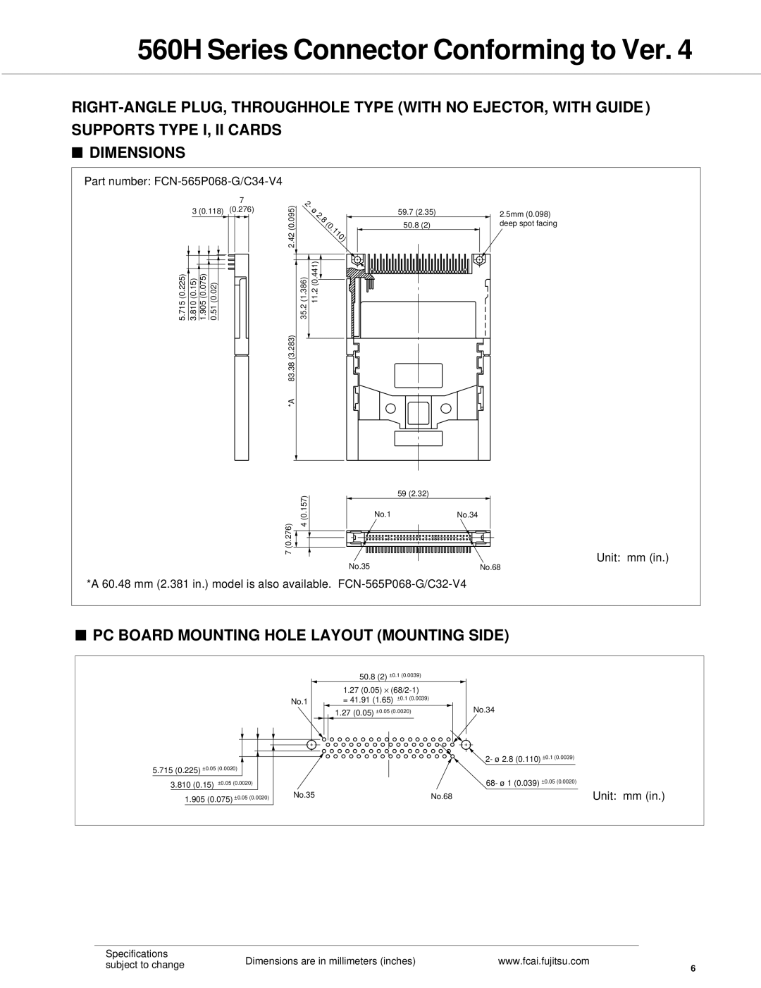 Fujitsu 560H dimensions PC Board Mounting Hole Layout Mounting Side, Part number FCN-565P068-G/C34-V4 