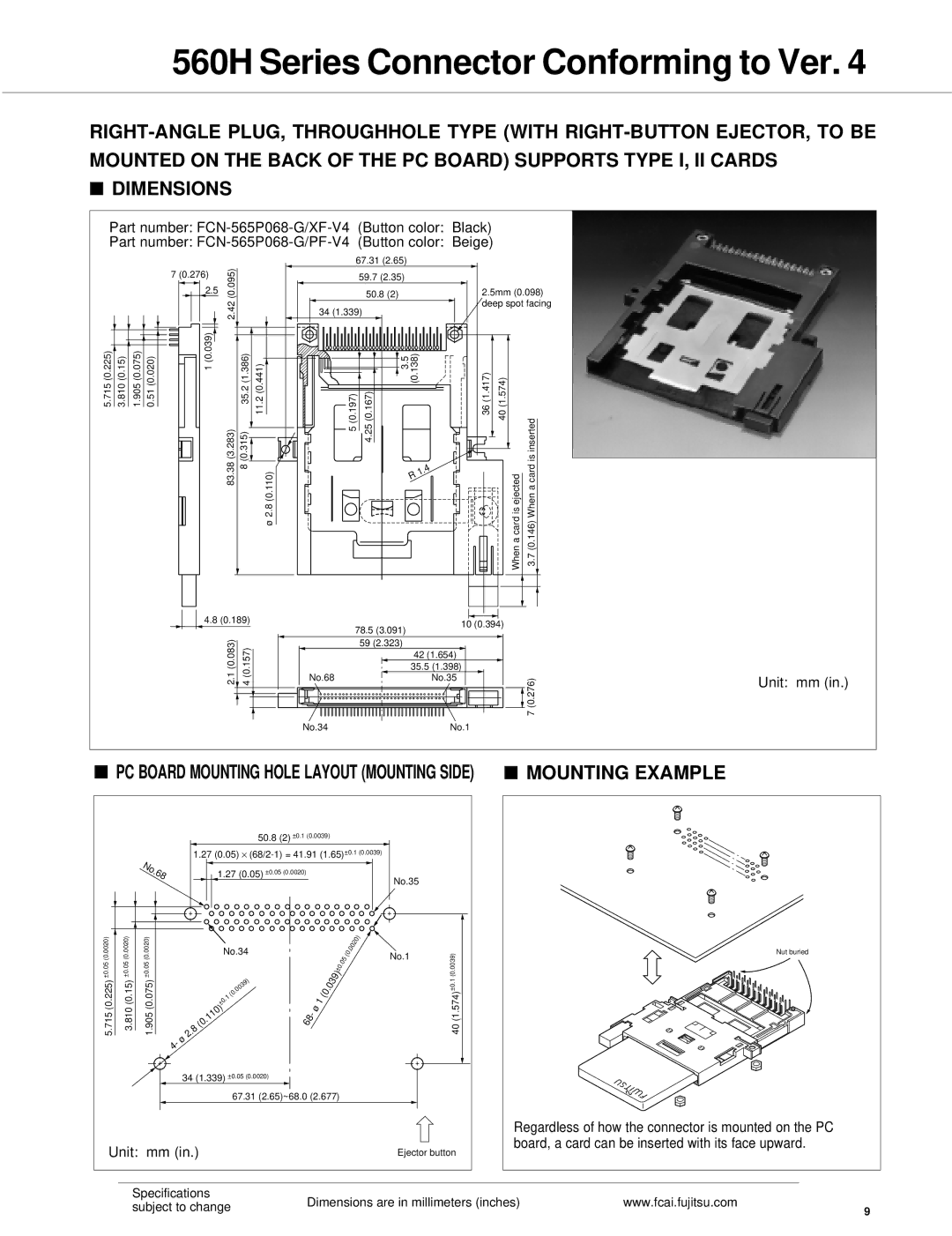 Fujitsu 560H dimensions Mounting Example, PC Board Mounting Hole Layout Mounting Side 