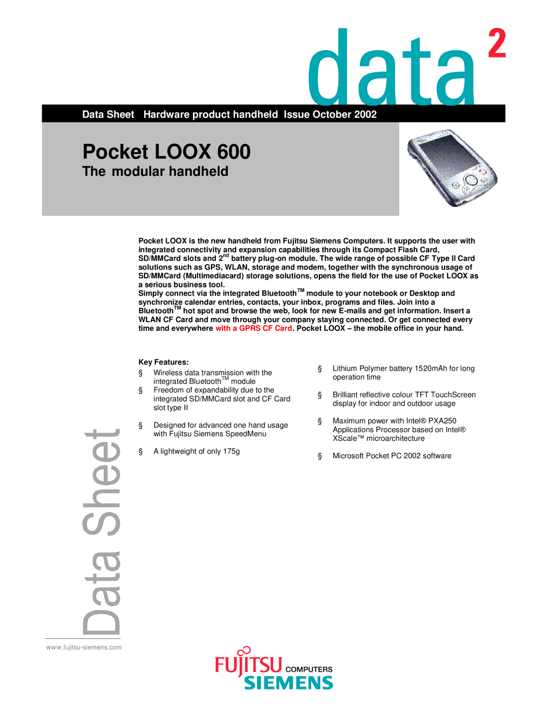 Fujitsu 600 manual Pocket Loox, Key Features 