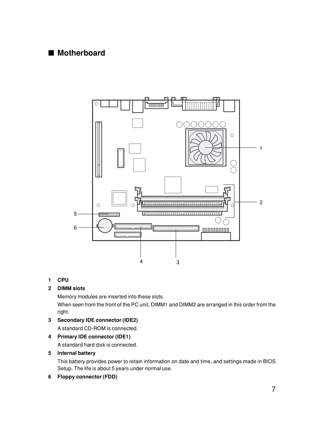 Fujitsu 6000/SS user manual Motherboard, Dimm slots, Internal battery, Floppy connector FDD 