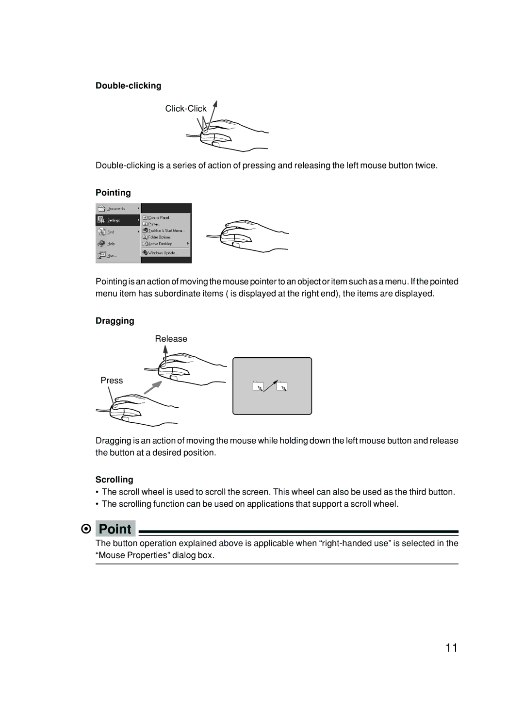 Fujitsu 6000/SS user manual Double-clicking, Pointing, Dragging, Scrolling 