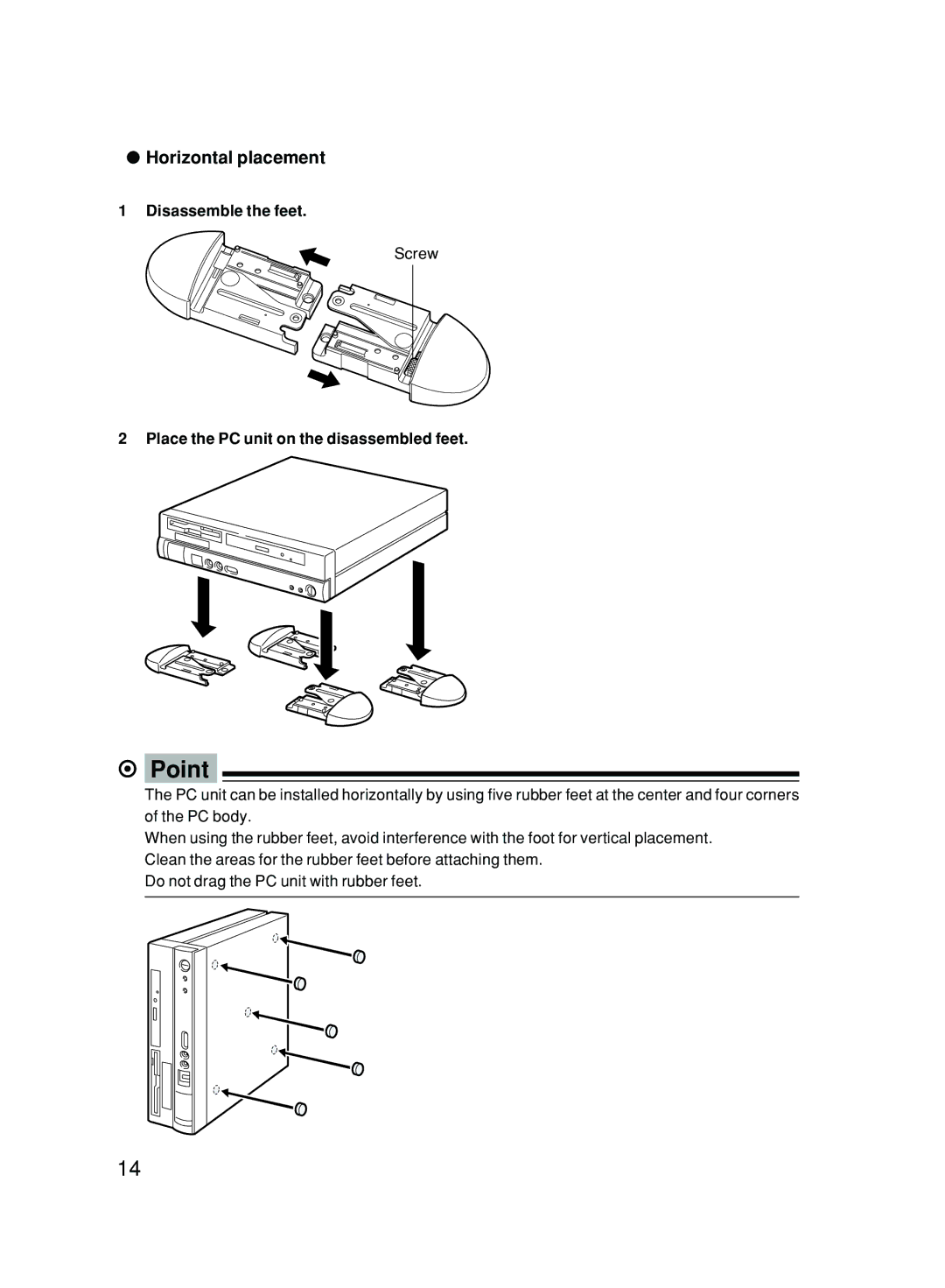 Fujitsu 6000/SS user manual Horizontal placement, Place the PC unit on the disassembled feet 