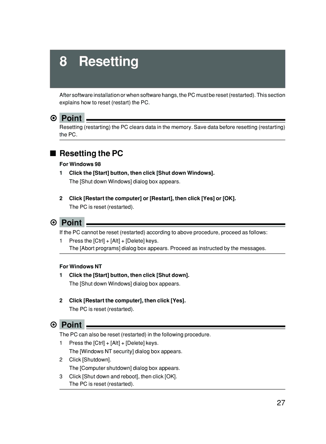 Fujitsu 6000/SS user manual Resetting the PC 