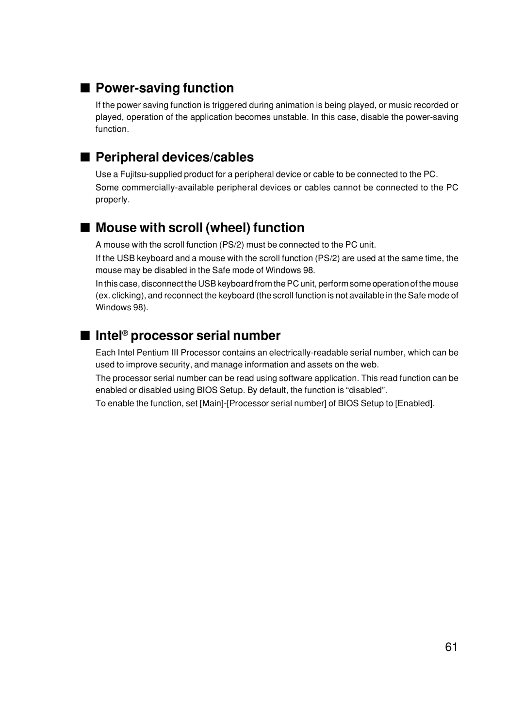 Fujitsu 6000/SS user manual Power-saving function, Peripheral devices/cables, Mouse with scroll wheel function 