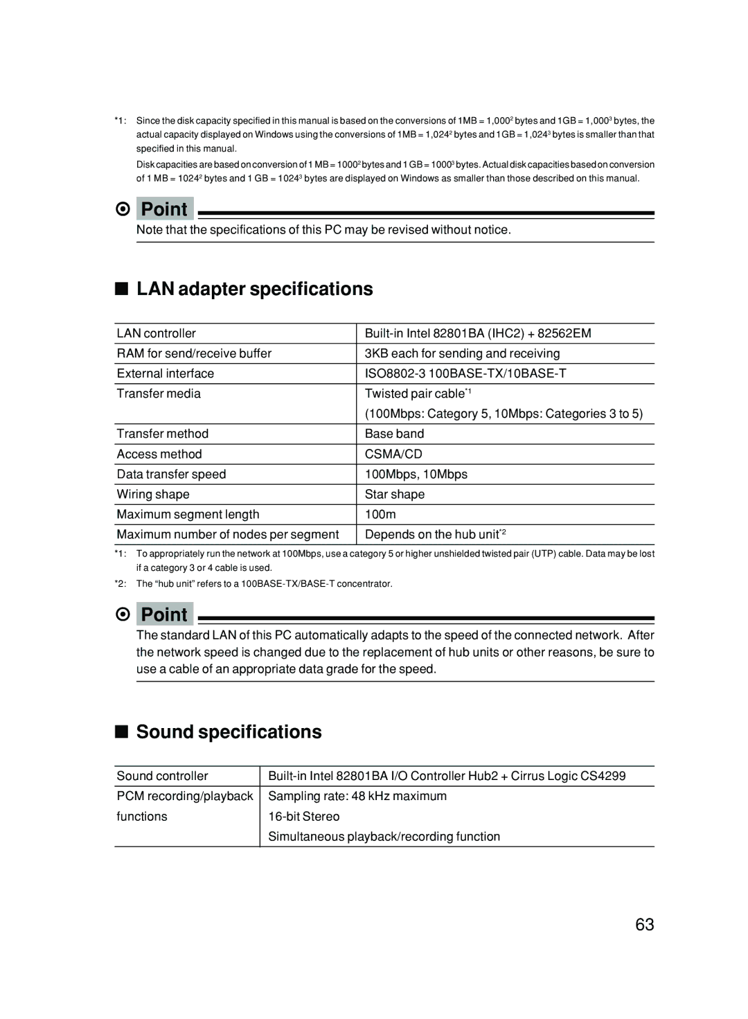 Fujitsu 6000/SS user manual Point LAN adapter specifications, Sound specifications 