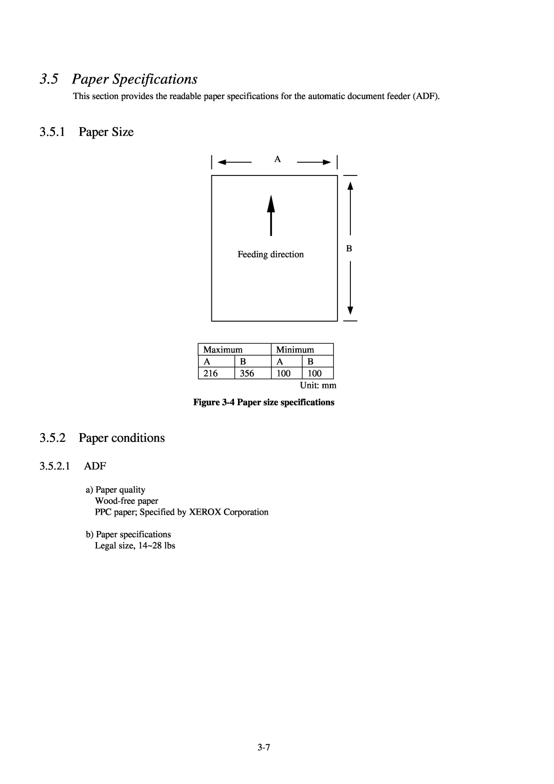 Fujitsu 600C manual Paper Specifications, Paper Size, Paper conditions, 3.5.2.1 ADF, 4 Paper size specifications 