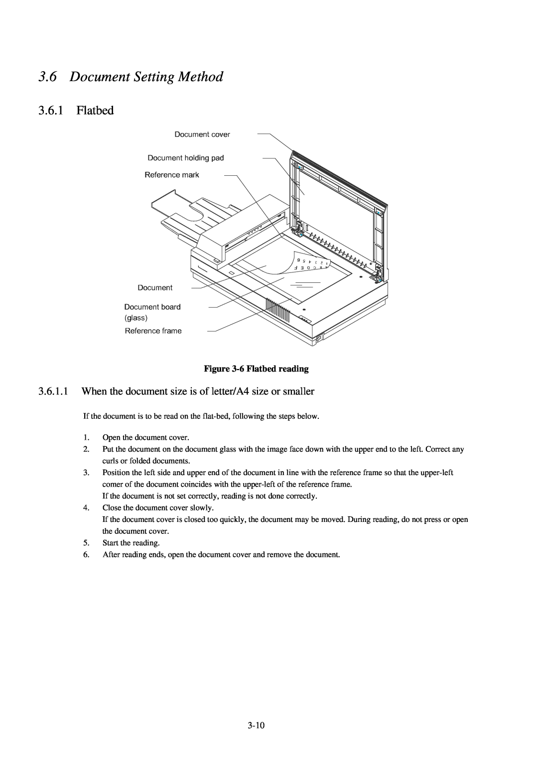 Fujitsu 600C manual Document Setting Method, When the document size is of letter/A4 size or smaller, 6 Flatbed reading 