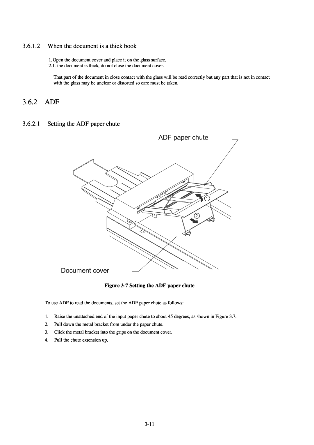 Fujitsu 600C manual 3.6.2 ADF, When the document is a thick book, 7 Setting the ADF paper chute 