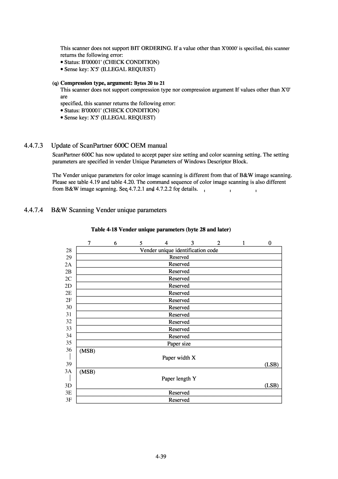 Fujitsu Update of ScanPartner 600C OEM manual, 4.4.7.4 B&W Scanning Vender unique parameters 