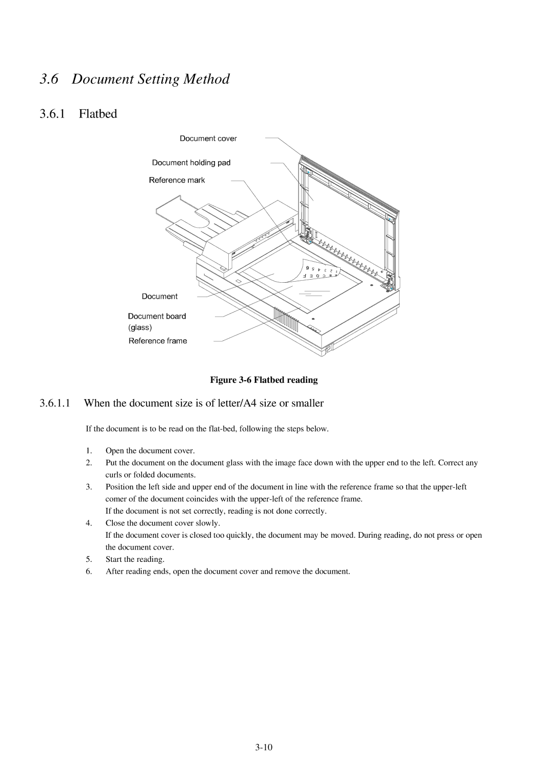 Fujitsu 600C manual Document Setting Method, Flatbed, When the document size is of letter/A4 size or smaller 