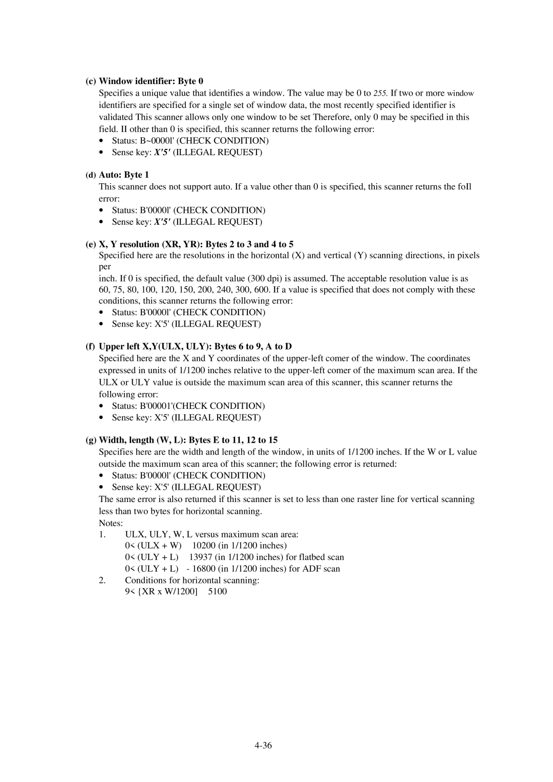 Fujitsu 600C manual Window identifier Byte, Auto Byte, Y resolution XR, YR Bytes 2 to 3 and 4 to 