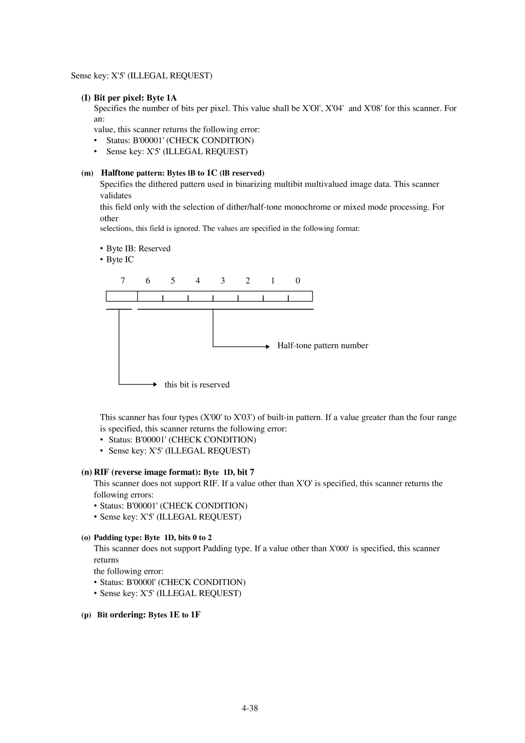 Fujitsu 600C manual Bit per pixel Byte 1A, RIF reverse image format Byte 1D, bit, Bit ordering Bytes 1E to 1F 