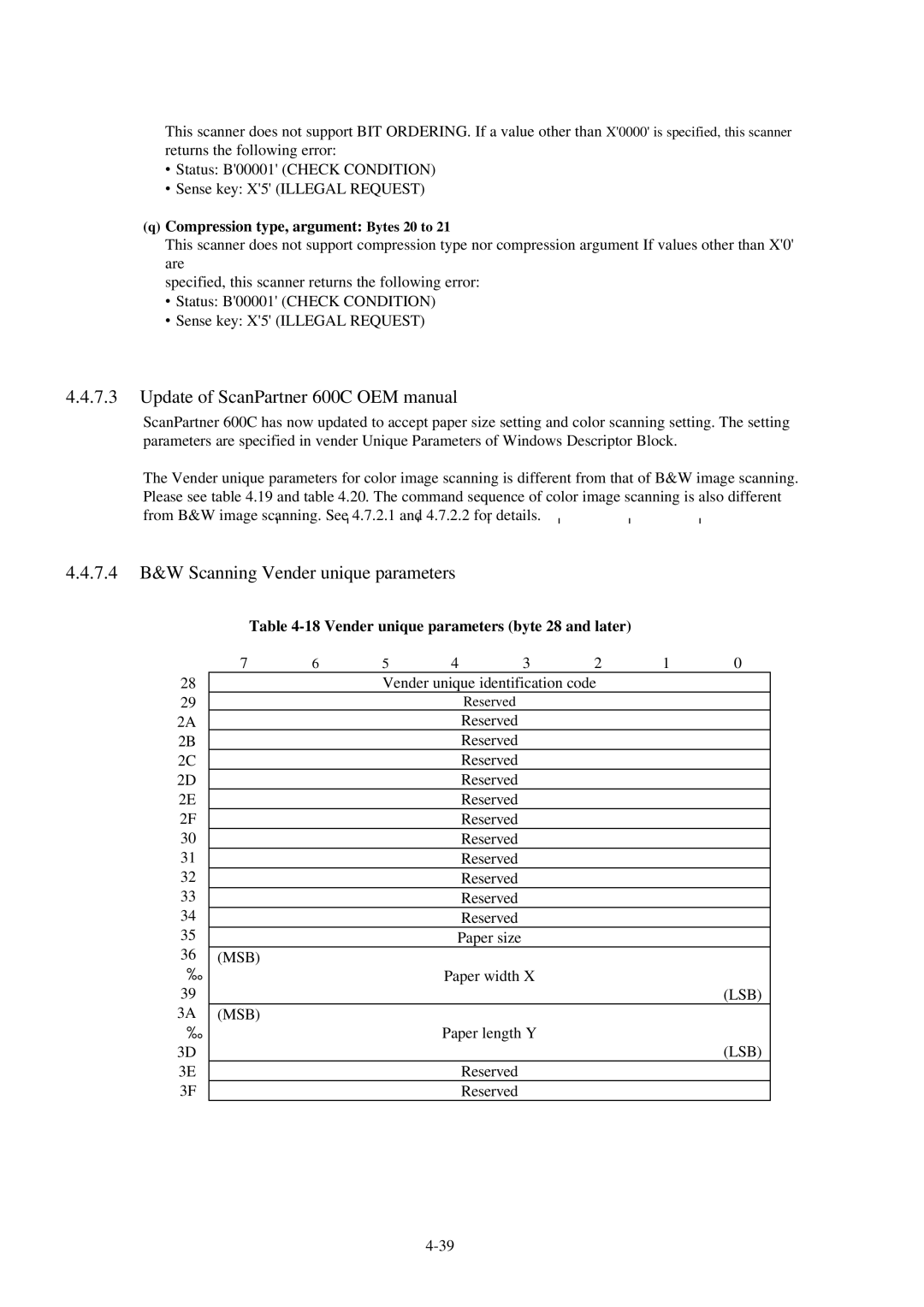 Fujitsu Update of ScanPartner 600C OEM manual, 7.4 B&W Scanning Vender unique parameters 