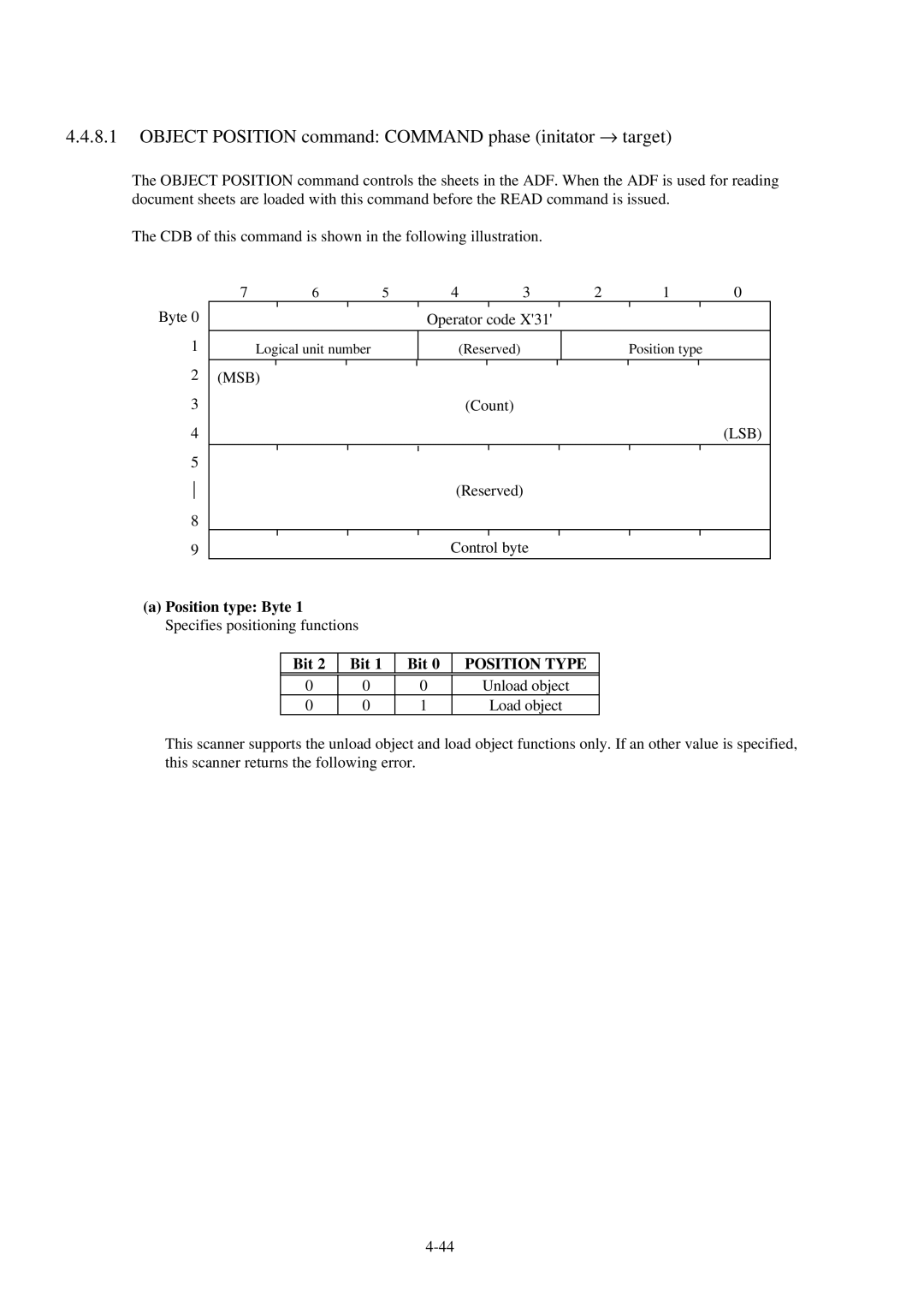 Fujitsu 600C manual Object Position command Command phase initator → target, Position type Byte, Bit 