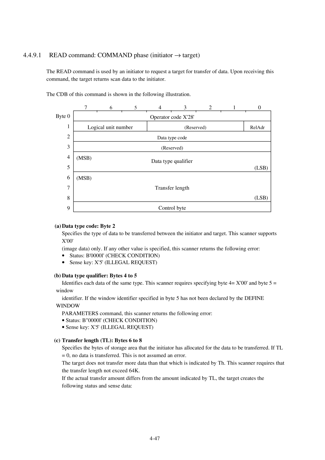 Fujitsu 600C manual Read command Command phase initiator → target, Data type code Byte, Data type qualifier Bytes 4 to 