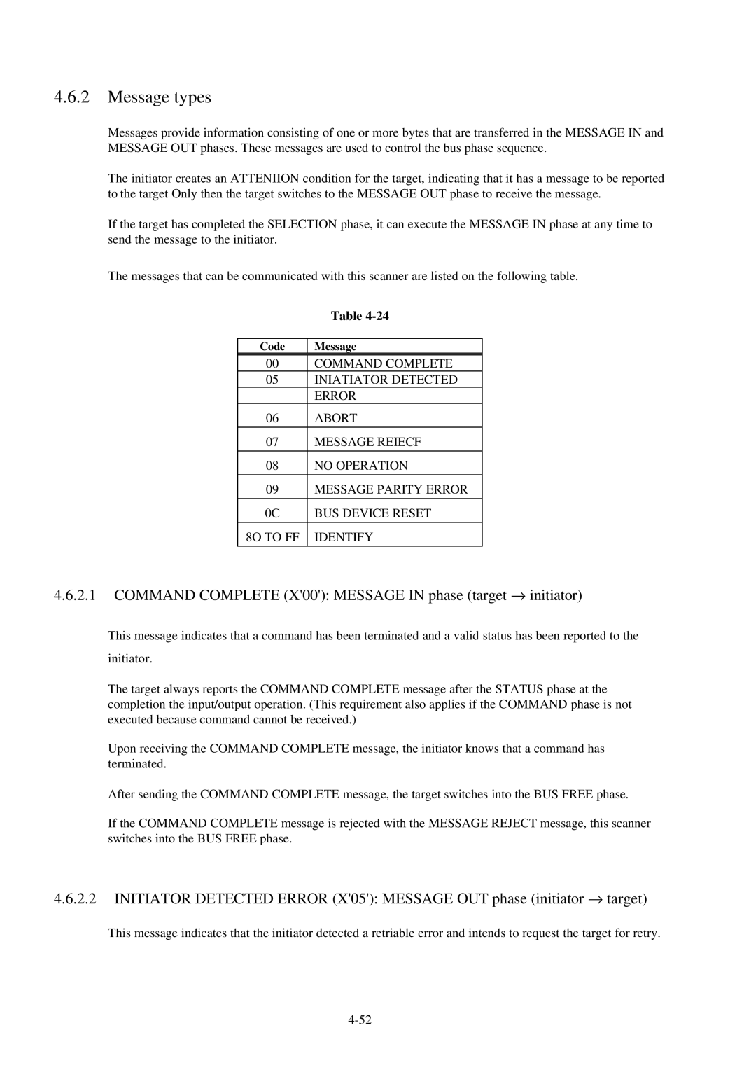 Fujitsu 600C manual Message types, Command Complete X00 Message in phase target → initiator 