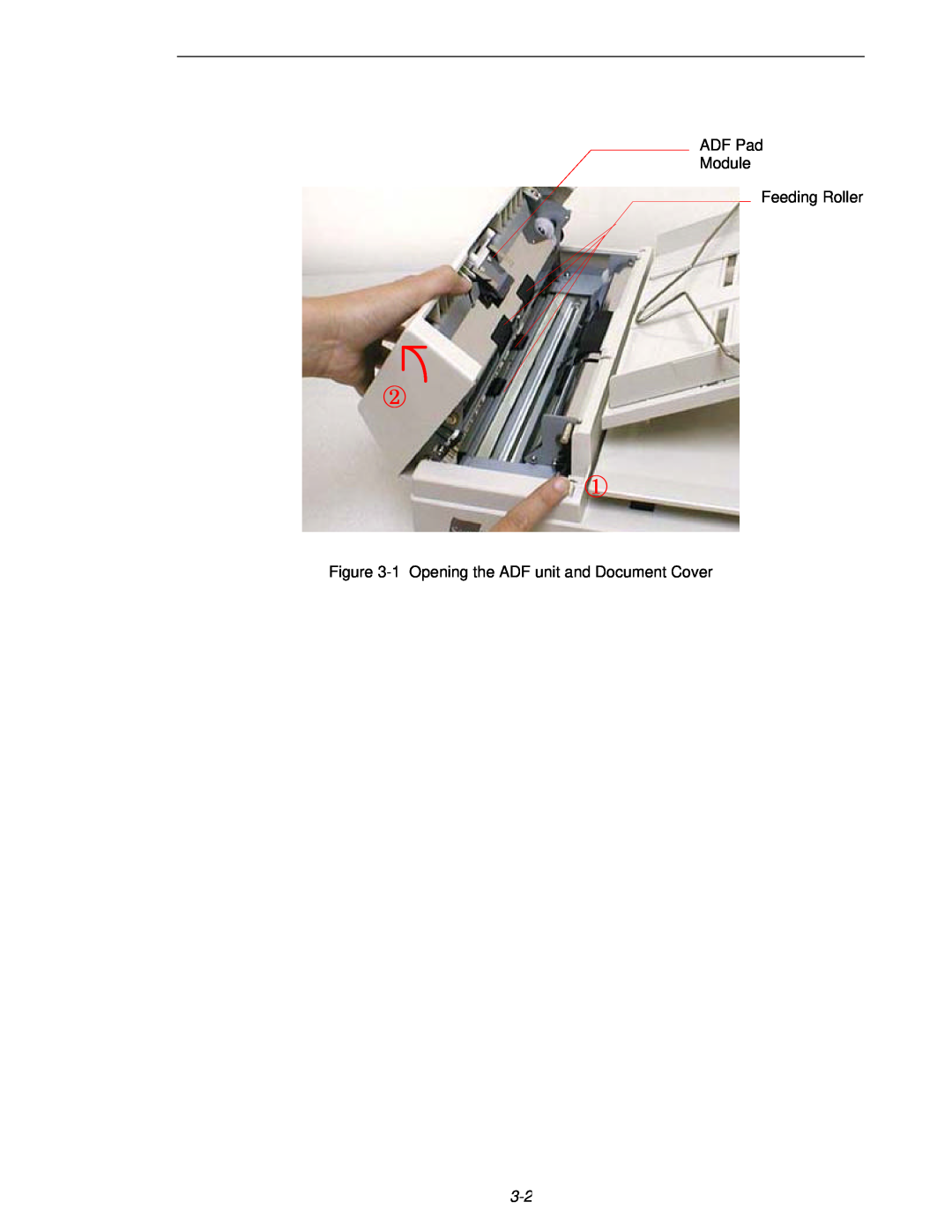Fujitsu 620C user manual ADF Pad Module Feeding Roller, 1 Opening the ADF unit and Document Cover 