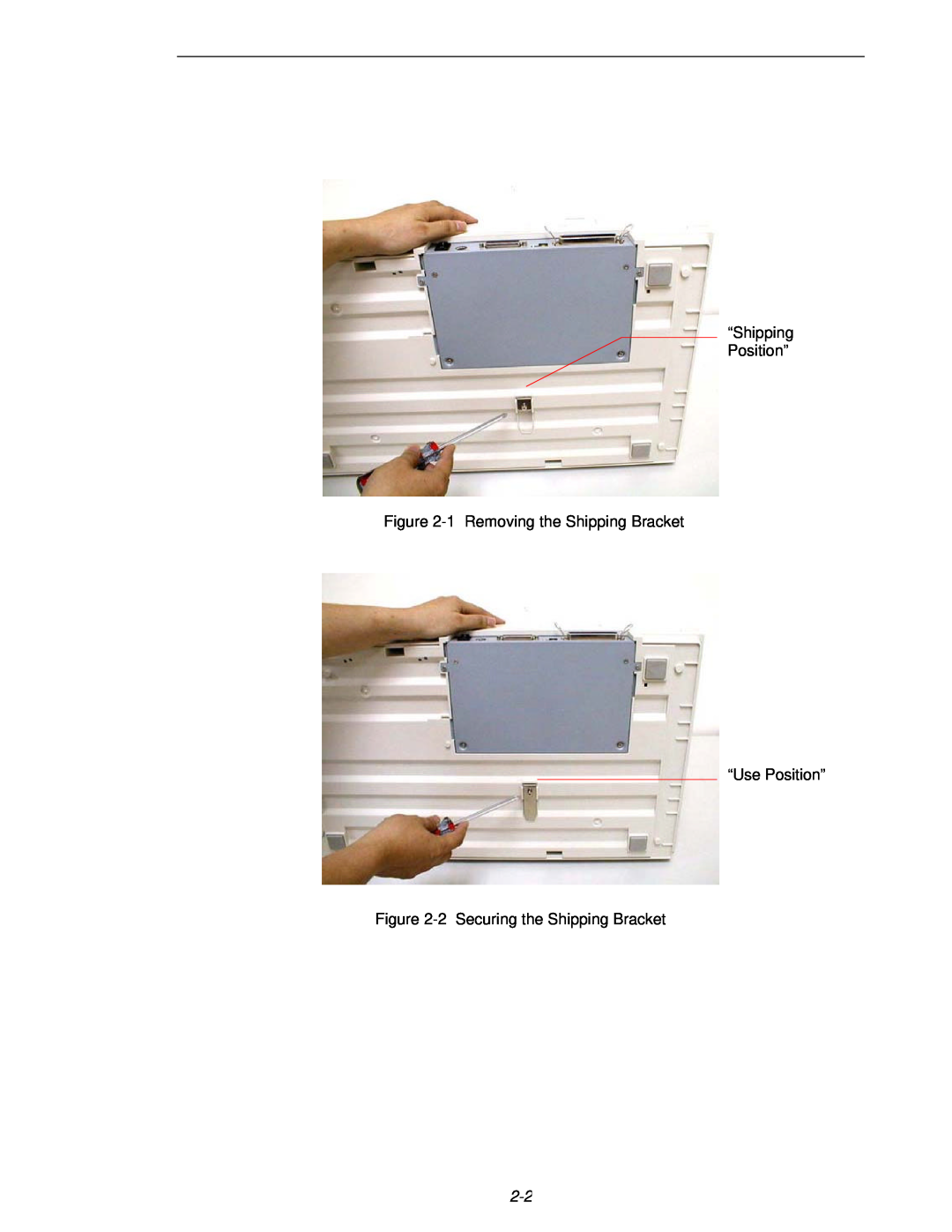 Fujitsu 620C “Shipping Position” -1 Removing the Shipping Bracket, “Use Position” -2 Securing the Shipping Bracket 