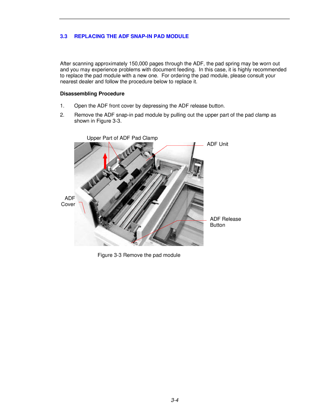 Fujitsu 620C user manual Replacing the ADF SNAP-IN PAD Module, Disassembling Procedure 