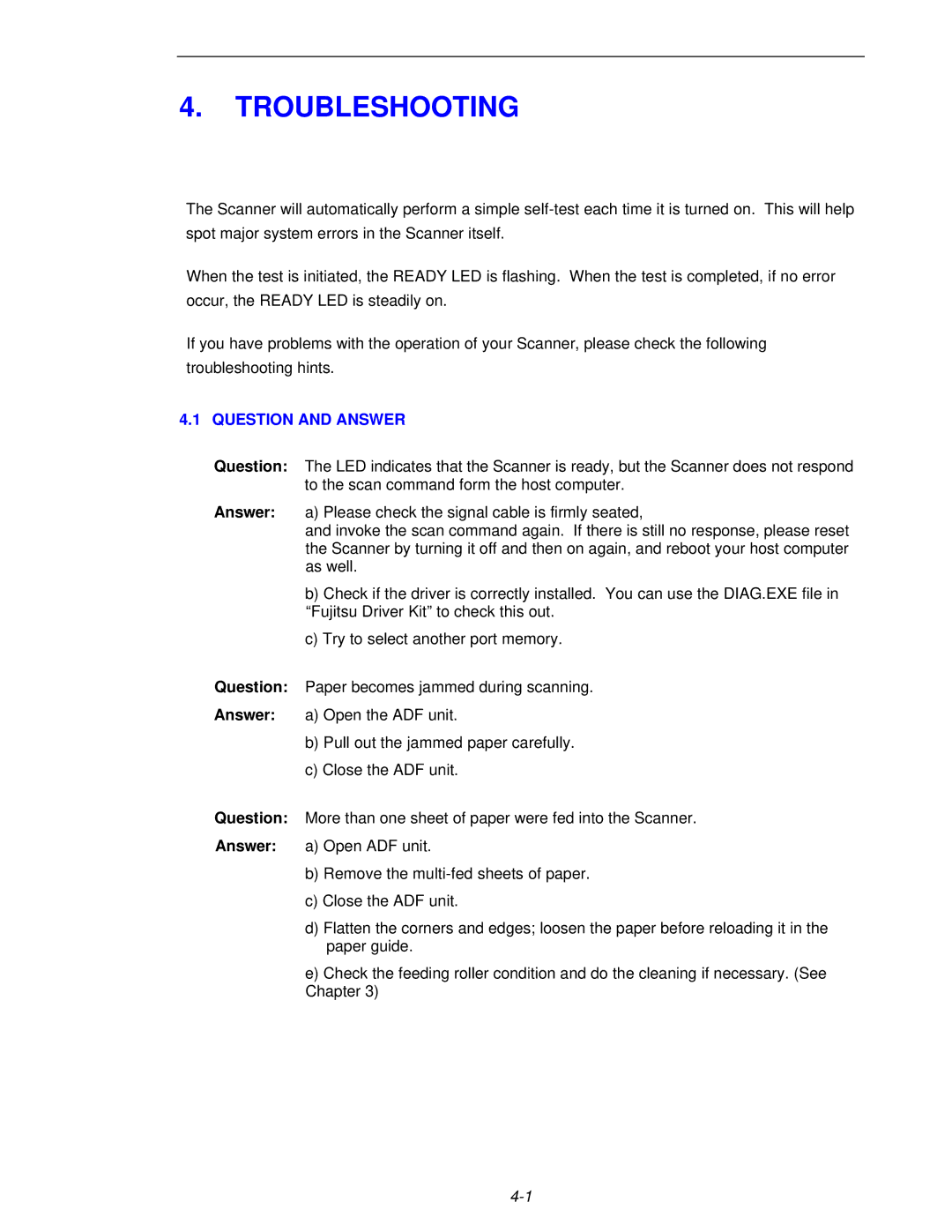 Fujitsu 620C user manual Troubleshooting, Question and Answer 