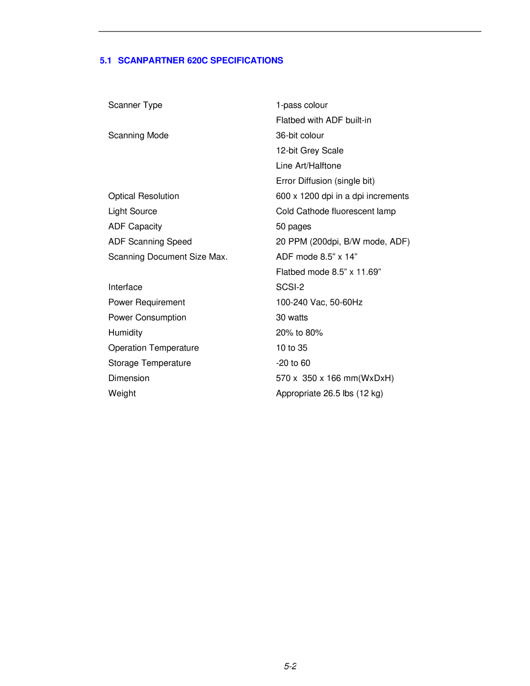 Fujitsu user manual Scanpartner 620C Specifications, SCSI-2 