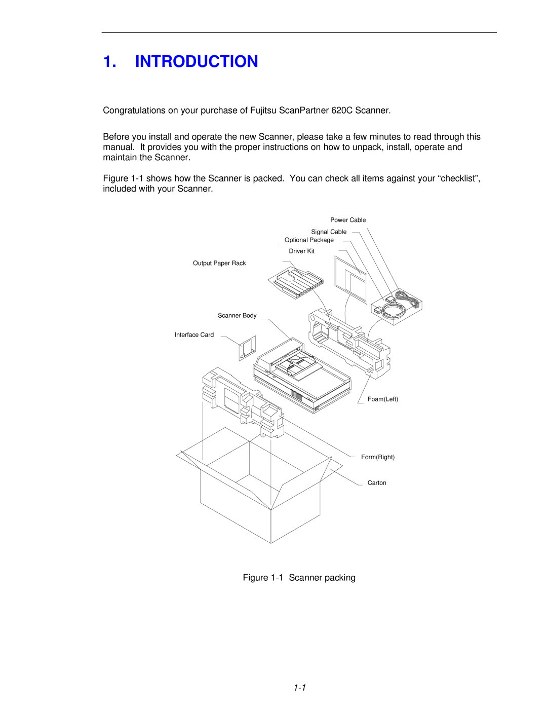 Fujitsu 620C user manual Introduction, Scanner packing 