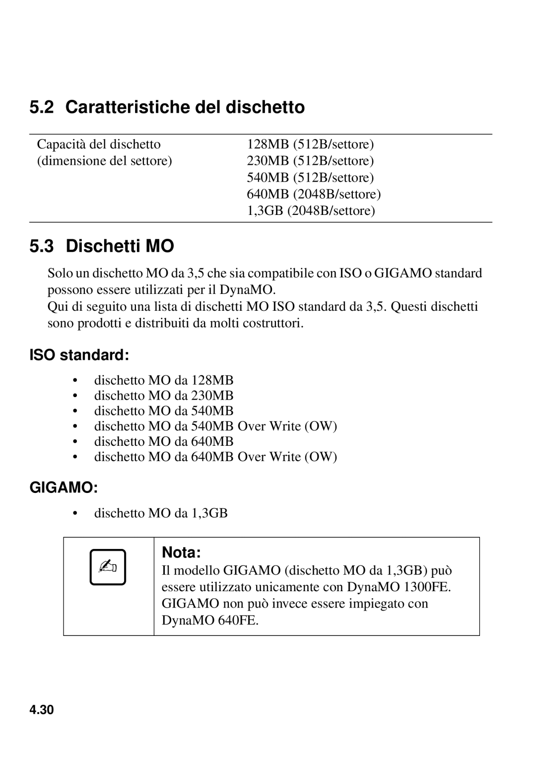 Fujitsu 1300FE, 640FE manual Caratteristiche del dischetto, Dischetti MO 