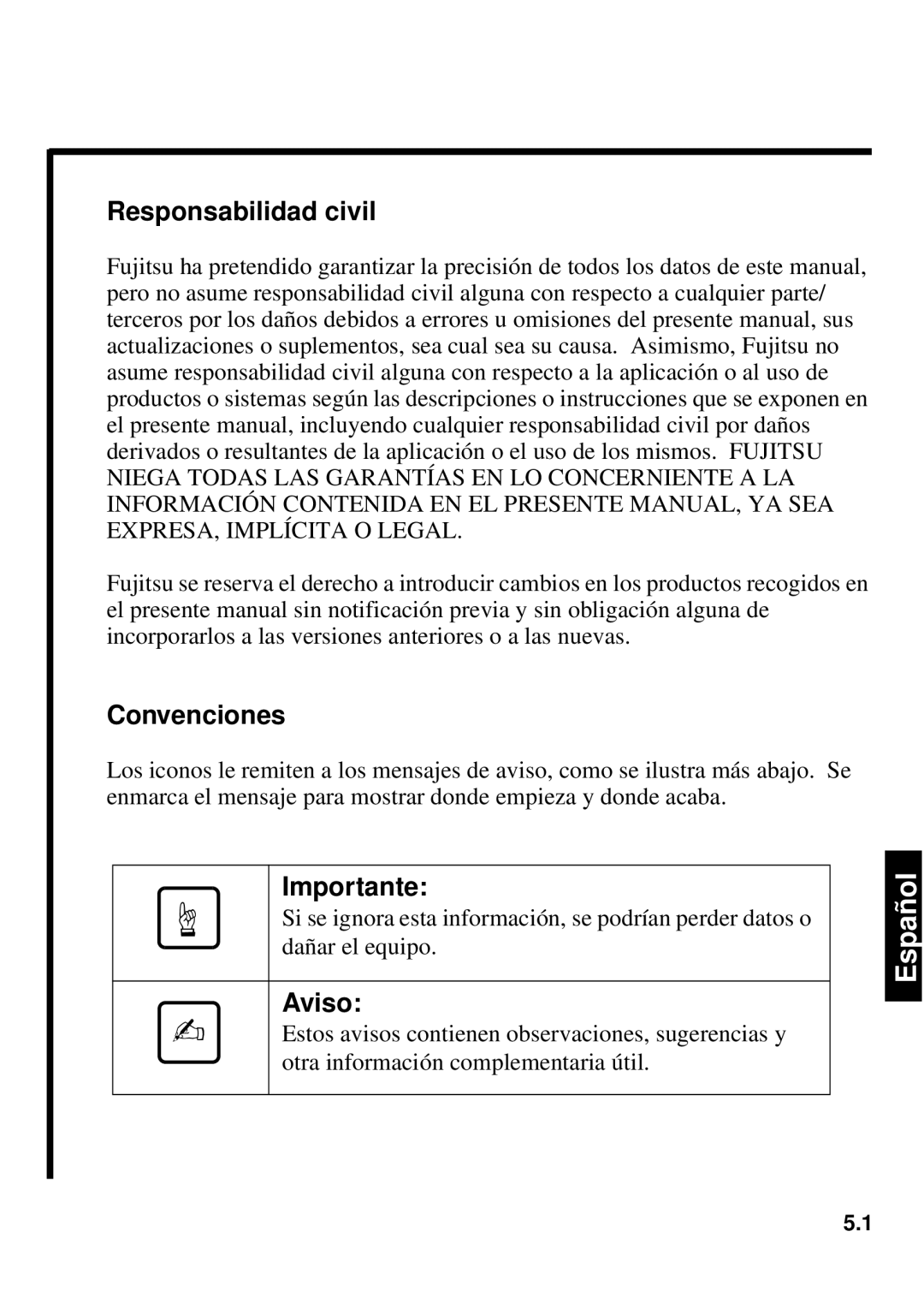 Fujitsu 640FE, 1300FE manual Responsabilidad civil, Convenciones, Aviso 