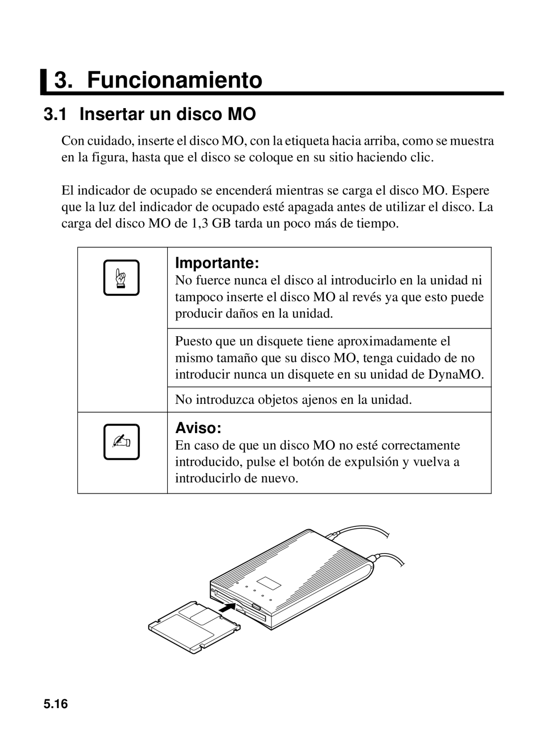 Fujitsu 1300FE, 640FE manual Funcionamiento, Insertar un disco MO 