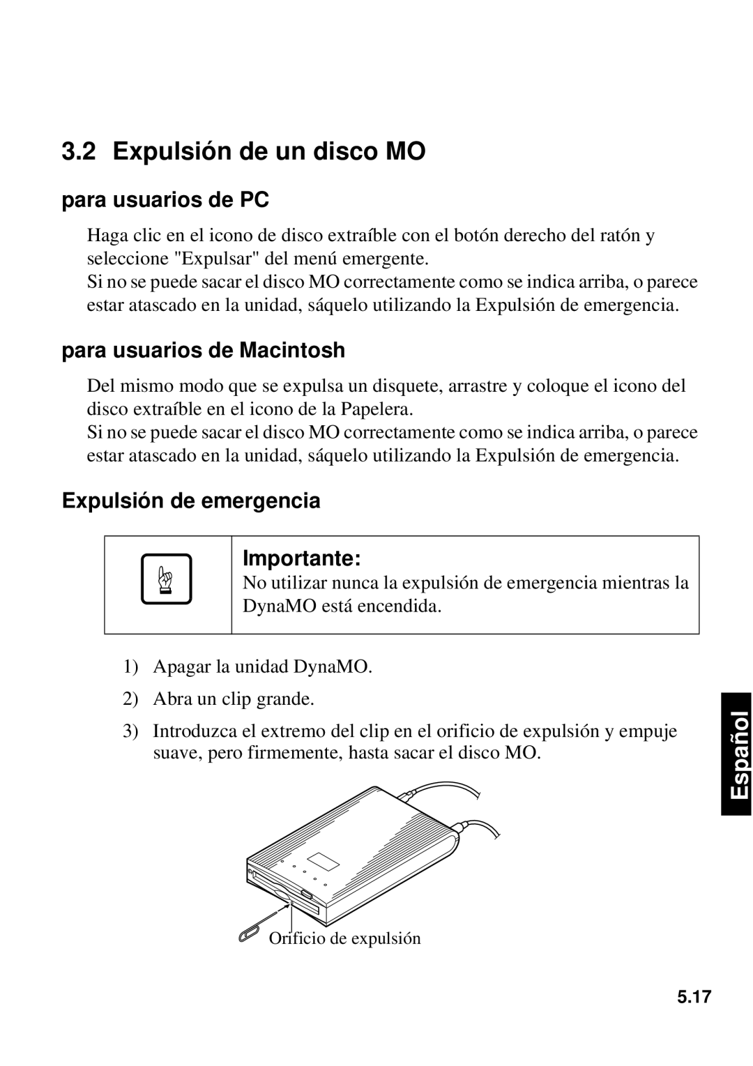 Fujitsu 640FE, 1300FE manual Expulsión de un disco MO, Expulsión de emergencia Importante 