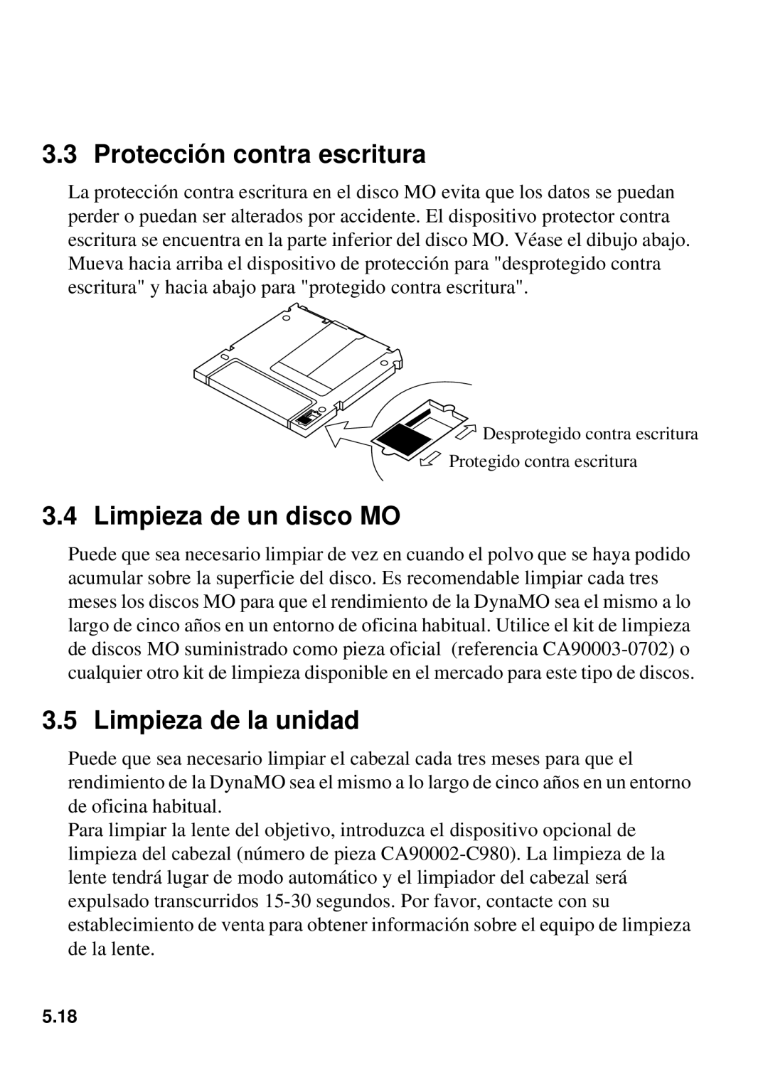 Fujitsu 1300FE, 640FE manual Protección contra escritura, Limpieza de un disco MO, Limpieza de la unidad 