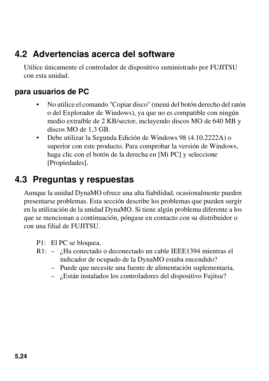 Fujitsu 1300FE, 640FE manual Advertencias acerca del software, Preguntas y respuestas 