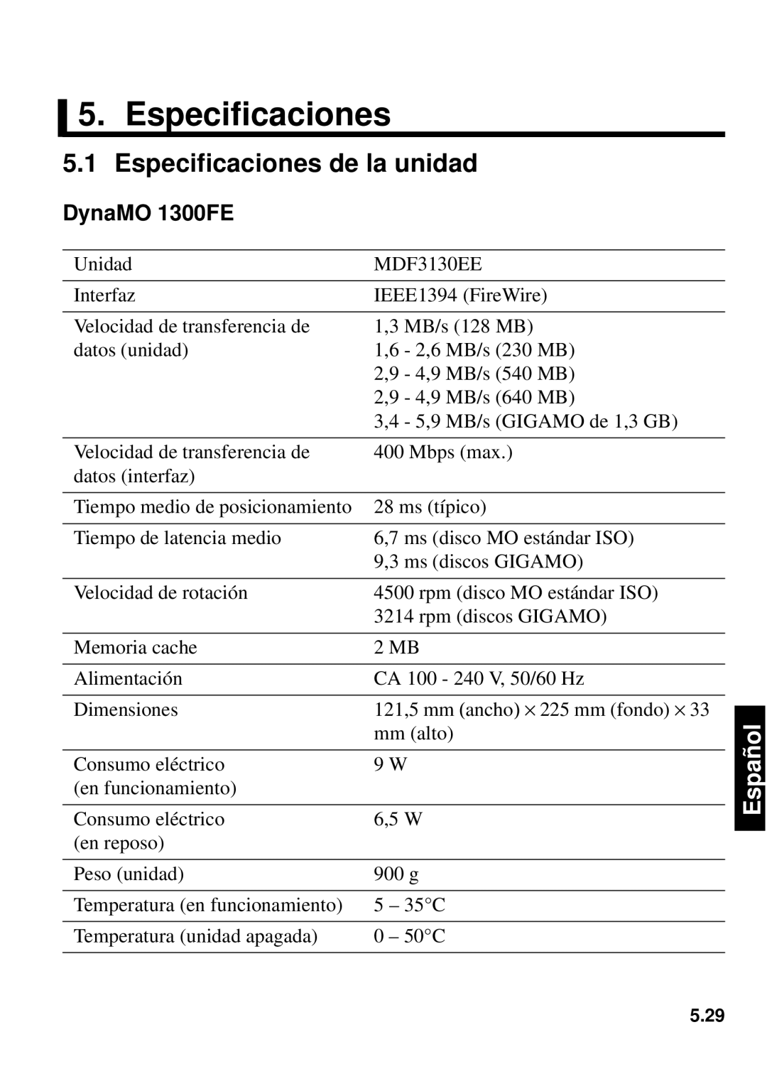 Fujitsu 640FE, 1300FE manual Especificaciones de la unidad 