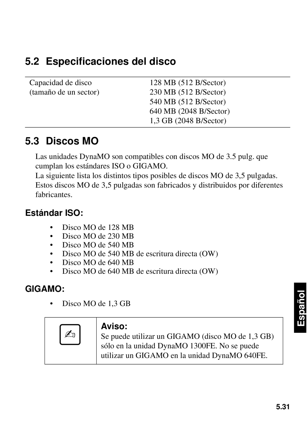 Fujitsu 640FE, 1300FE manual Especificaciones del disco, Discos MO, Estándar ISO 