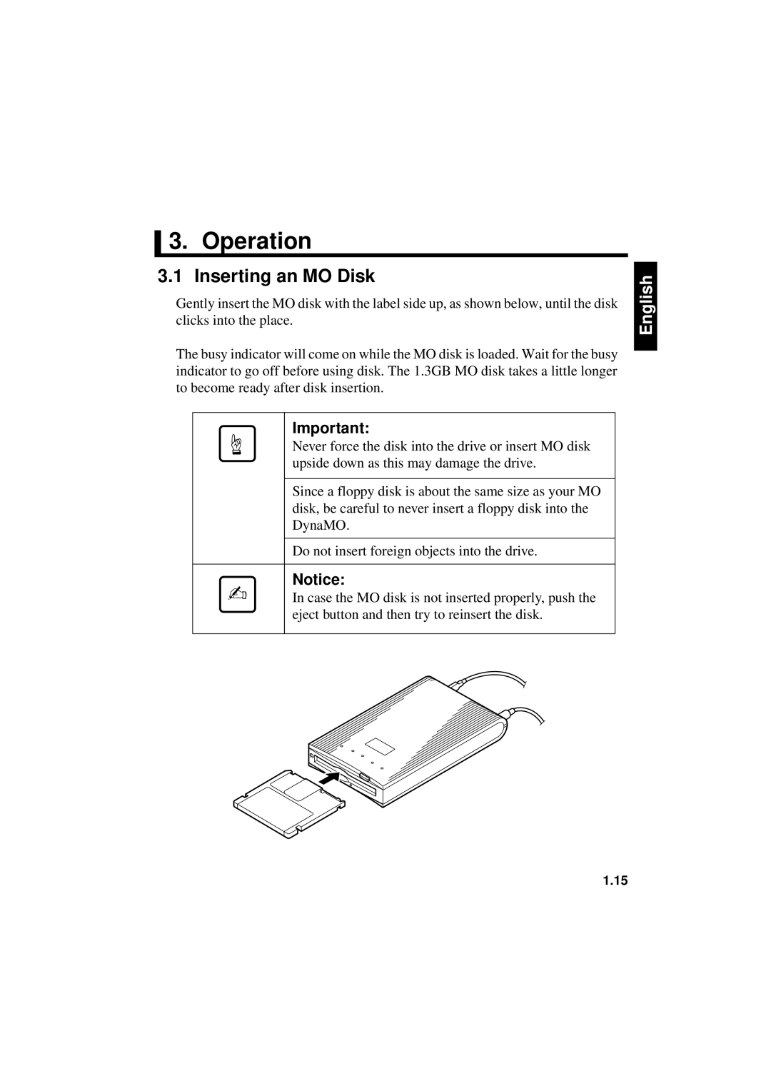 Fujitsu 640FE, 1300FE manual Operation, Inserting an MO Disk 