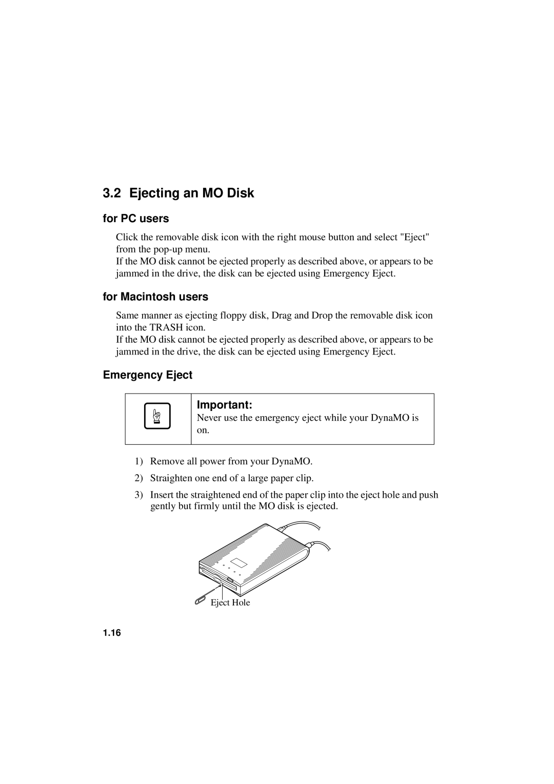 Fujitsu 1300FE, 640FE manual Ejecting an MO Disk, Emergency Eject 