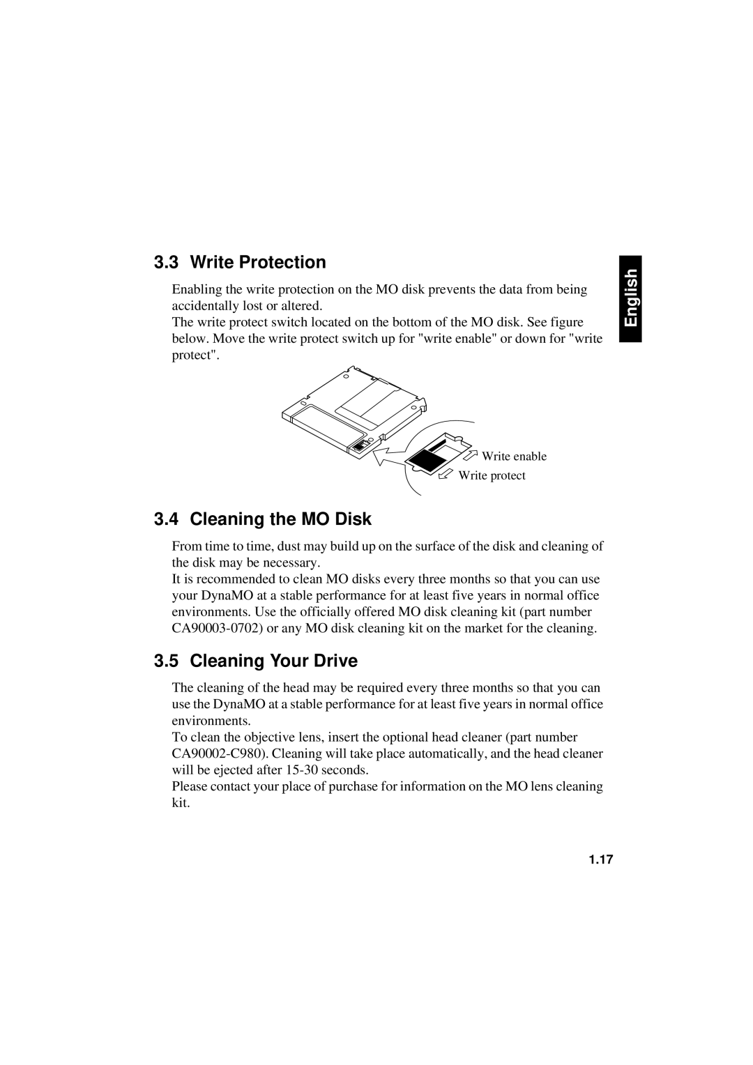 Fujitsu 640FE, 1300FE manual Write Protection, Cleaning the MO Disk, Cleaning Your Drive 