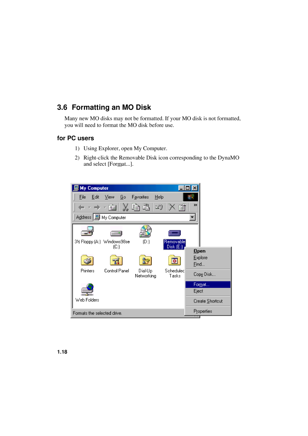 Fujitsu 1300FE, 640FE manual Formatting an MO Disk 