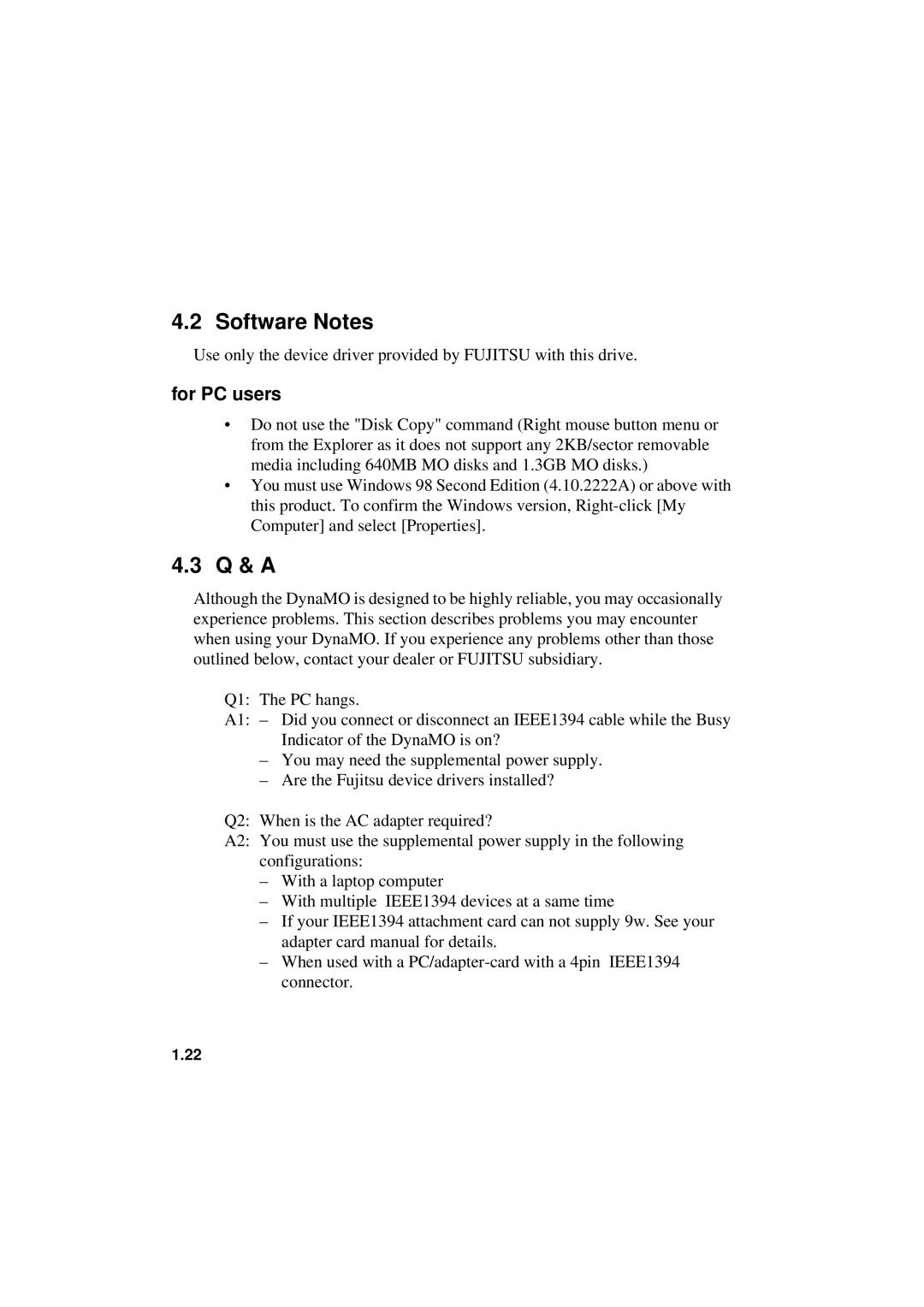 Fujitsu 1300FE, 640FE manual Software Notes, Q & a 