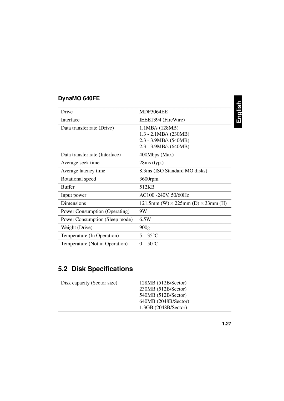 Fujitsu 1300FE manual Disk Specifications, DynaMO 640FE 