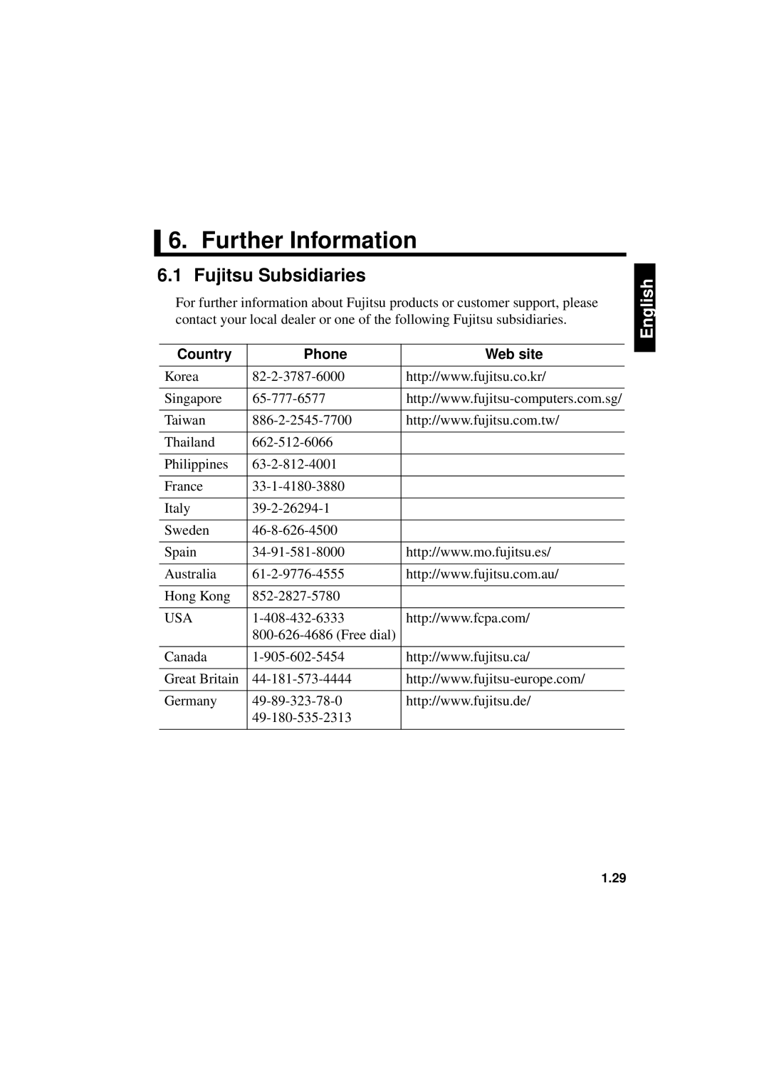 Fujitsu 640FE, 1300FE manual Further Information, Fujitsu Subsidiaries 