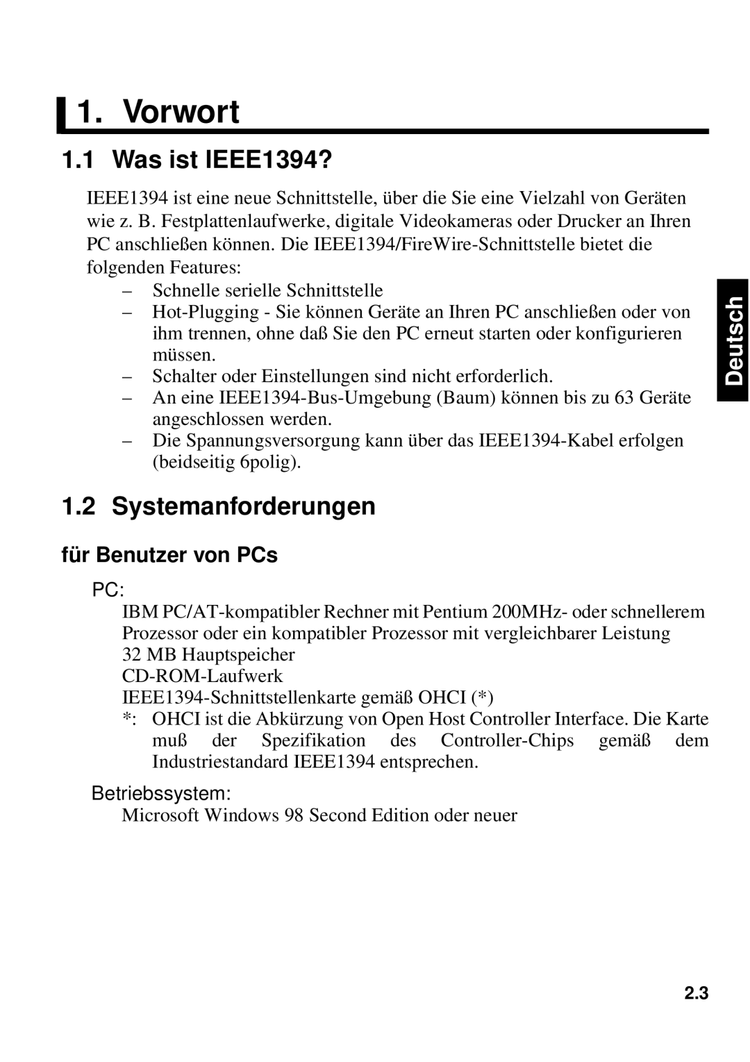 Fujitsu 1300FE, 640FE manual Vorwort, Was ist IEEE1394?, Systemanforderungen, Für Benutzer von PCs 