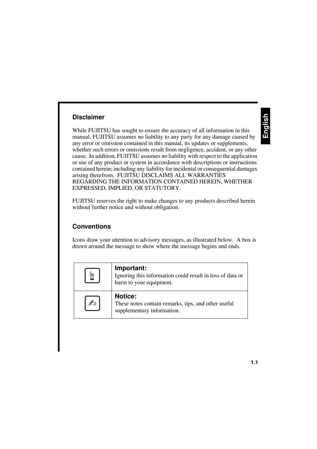 Fujitsu 640FE, 1300FE manual Disclaimer, Conventions 