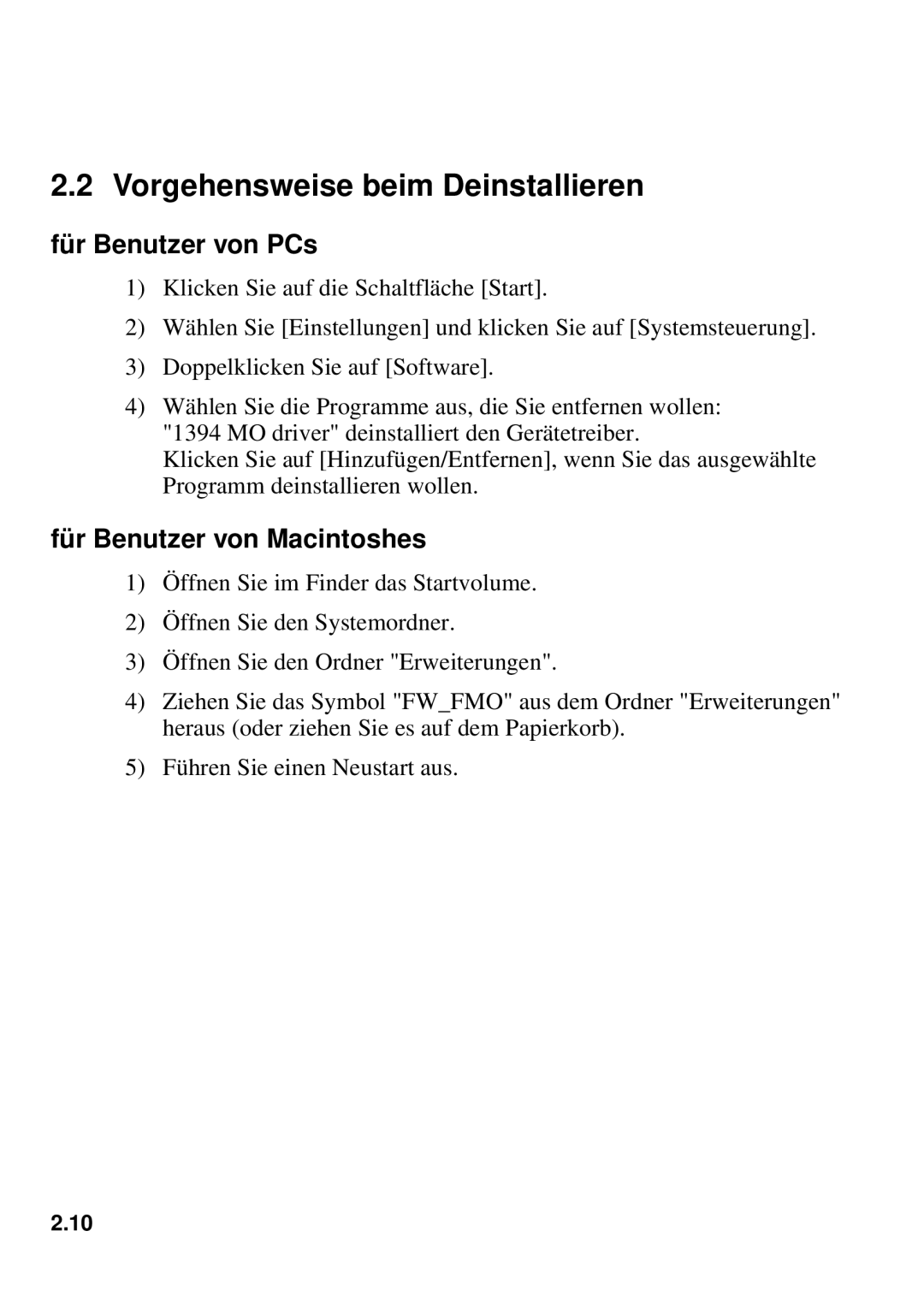 Fujitsu 640FE, 1300FE manual Vorgehensweise beim Deinstallieren, Für Benutzer von PCs 