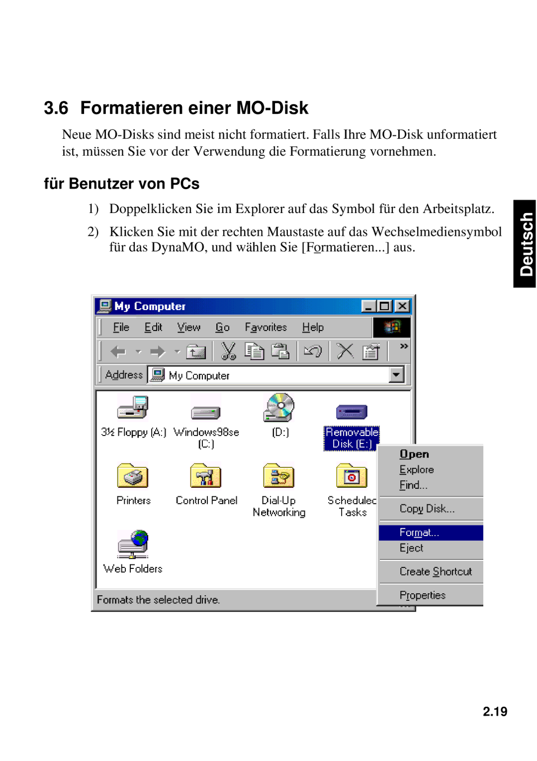 Fujitsu 1300FE, 640FE manual Formatieren einer MO-Disk, Für Benutzer von PCs 