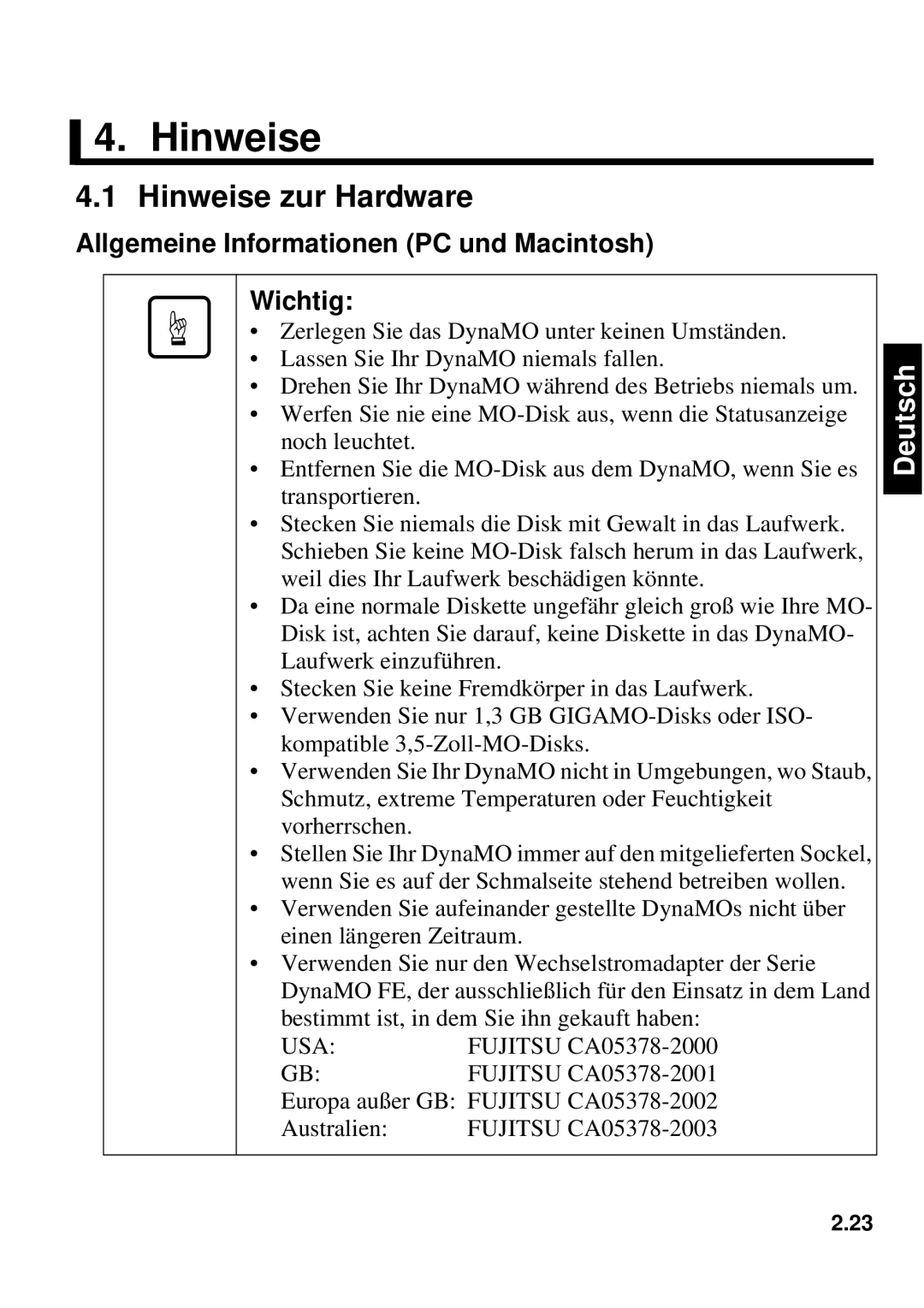 Fujitsu 1300FE, 640FE manual Hinweise zur Hardware, Allgemeine Informationen PC und Macintosh Wichtig 