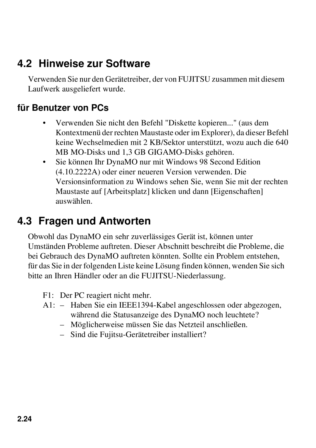 Fujitsu 640FE, 1300FE manual Hinweise zur Software, Fragen und Antworten 